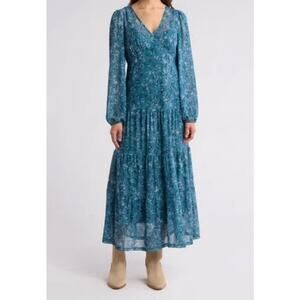 LUCKY BRAND Women's Blue Boho Floral Print Tiered Peasant Midi Dress Size Large